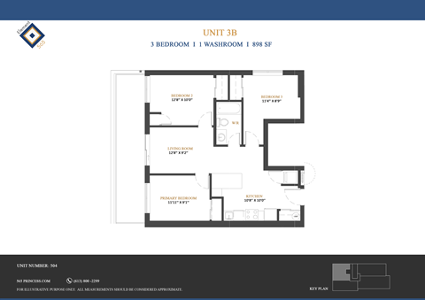 A floor plan for Unit 3B shows a 3 bedroom, 11 washroom apartment sized at 898 square feet.